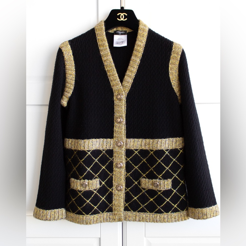 Chanel F/W 2015 Brasserie Black Gold Quilted Camellia Cashmere 15K Cardigan - Picture 3 of 14